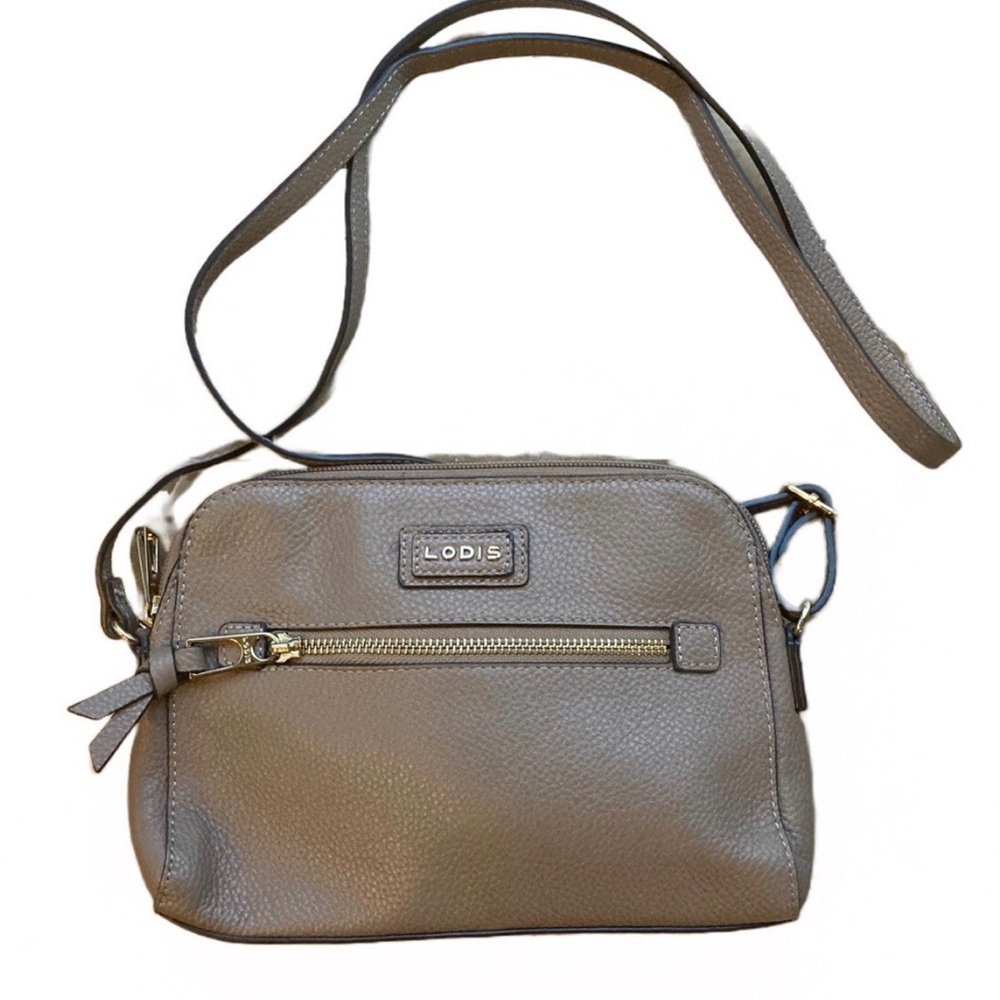 Lodis Charlotte leather crossbody. GUC. Taupe. Adjustable strap.